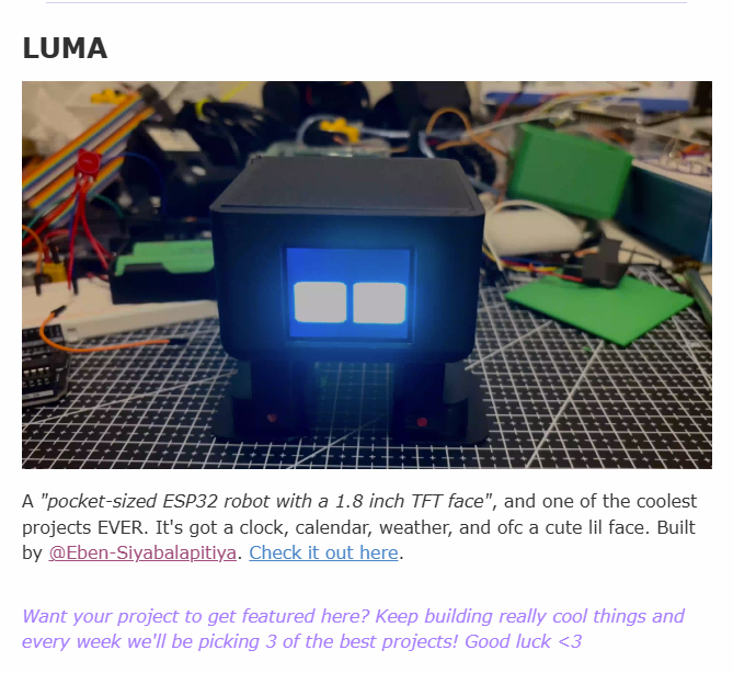 Hack Club Stardance weekly newsletter featuring LUMA, a pocket-sized ESP32 robot with a 1.8 inch TFT face